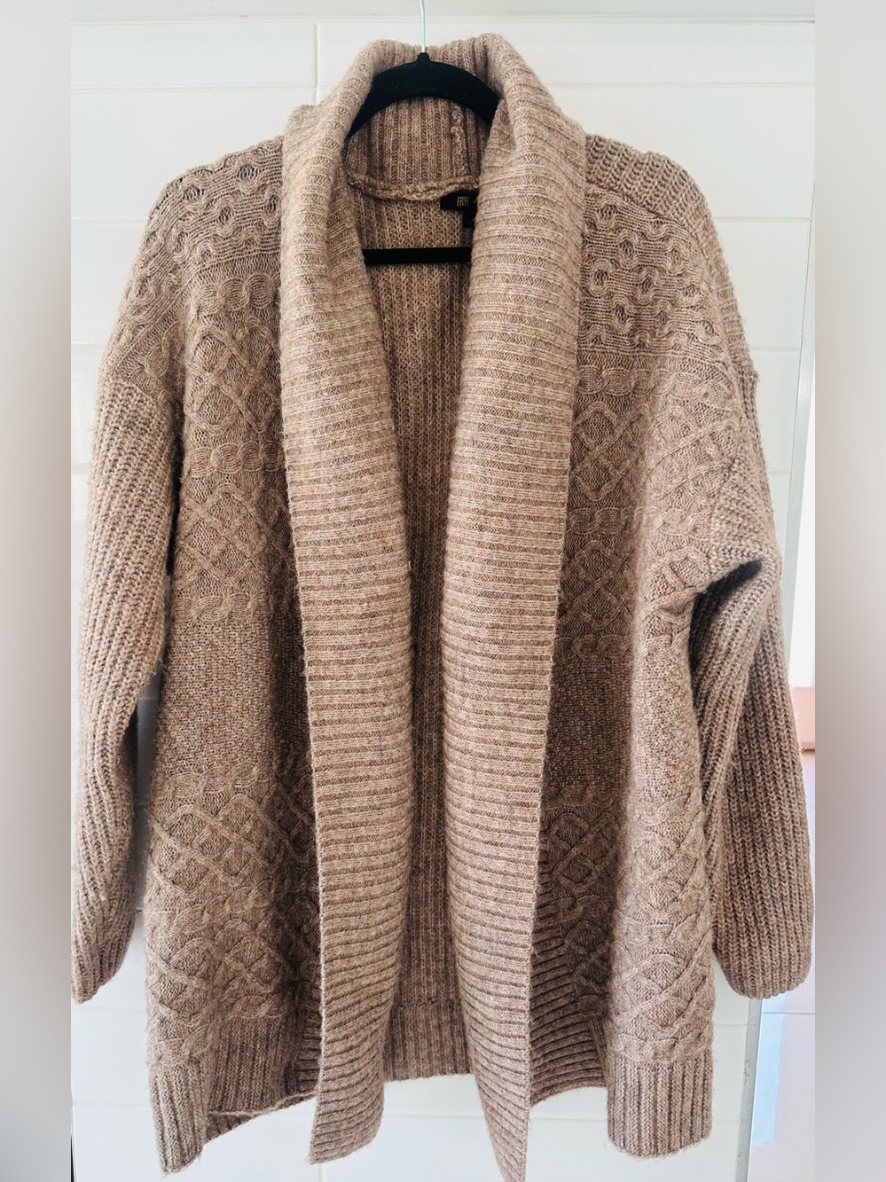 Frye Taupe Beige Cable-Knit Shawl Collar Relaxed Fit Oversized Cardigan/ Shacket